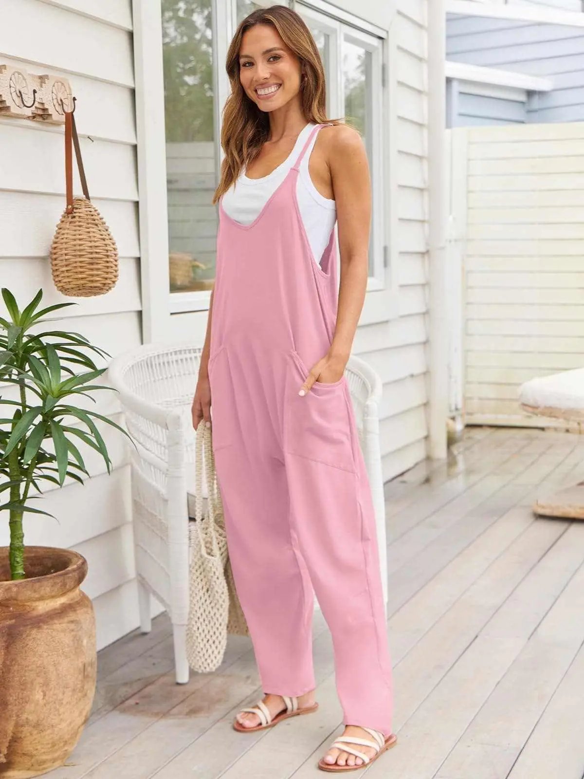 Trendsi V-Neck Jumpsuit Women's Casual Romper Comfy Pocket One-Piece
