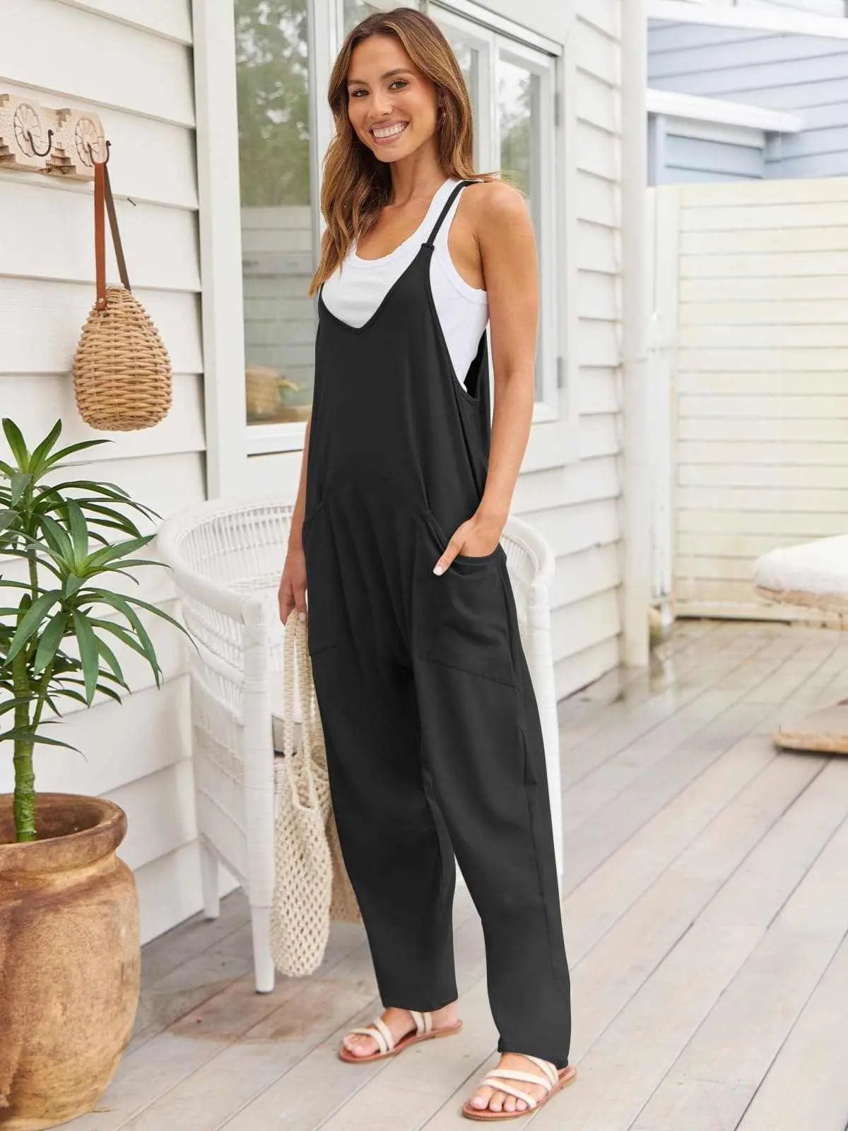 Trendsi V-Neck Jumpsuit Women's Casual Romper Comfy Pocket One-Piece
