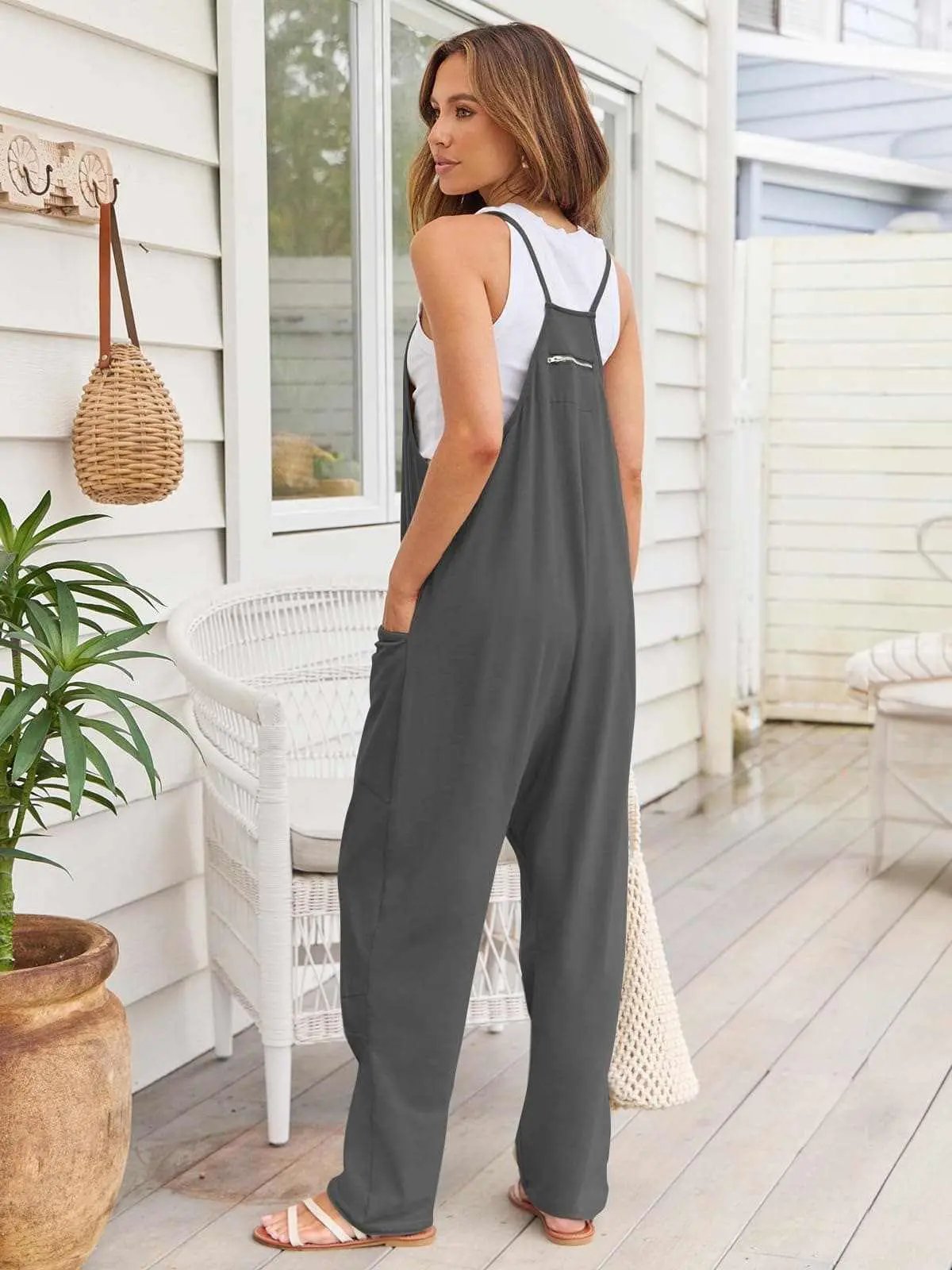 Trendsi V-Neck Jumpsuit Women's Casual Romper Comfy Pocket One-Piece