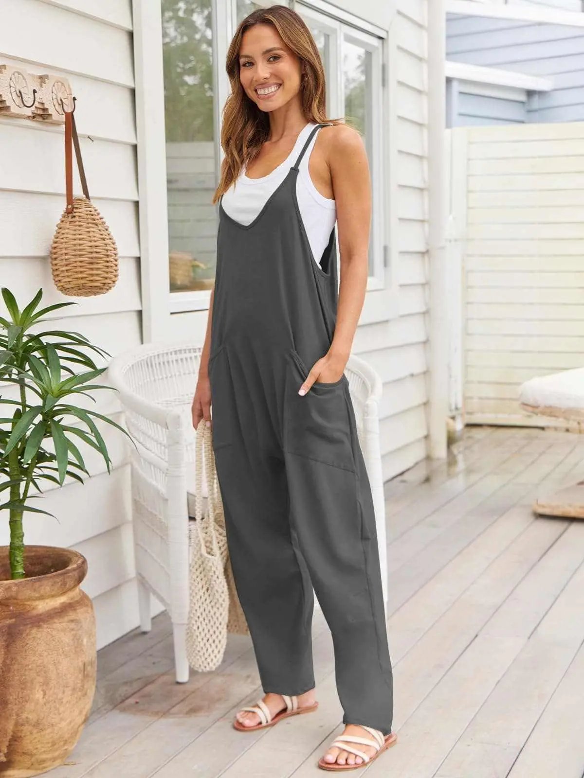 Trendsi V-Neck Jumpsuit Women's Casual Romper Comfy Pocket One-Piece
