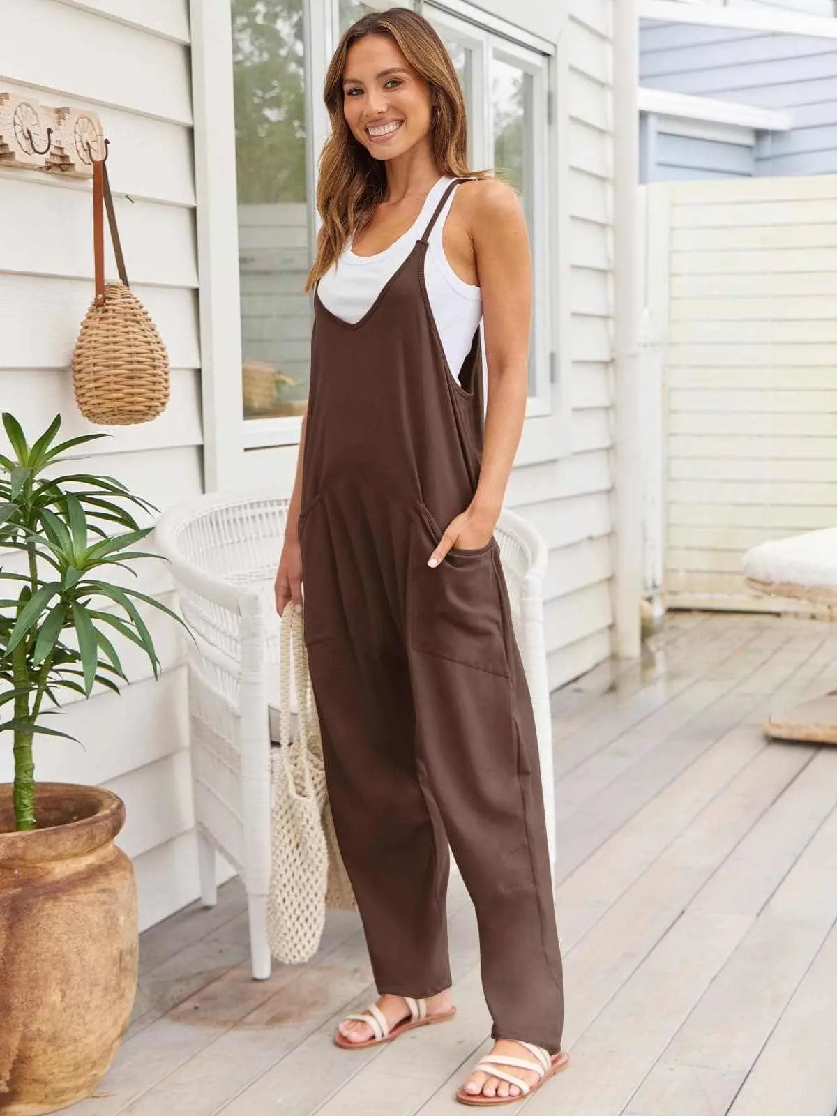 Trendsi V-Neck Jumpsuit Women's Casual Romper Comfy Pocket One-Piece