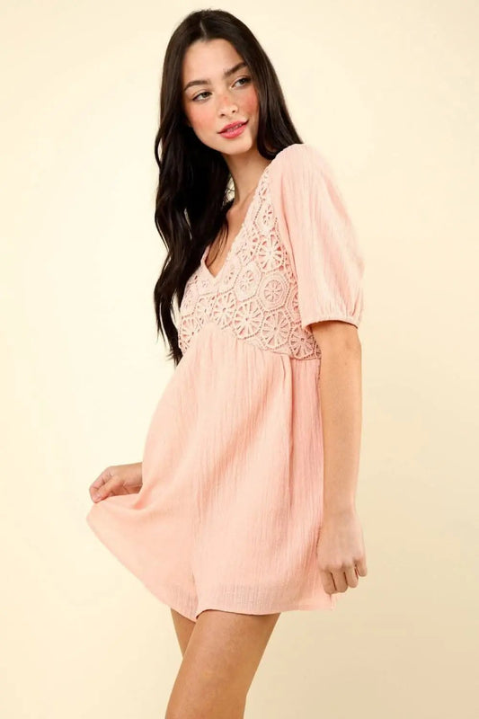 Trendsi VERY J Lace Detail Puff Sleeve Romper with Pockets
