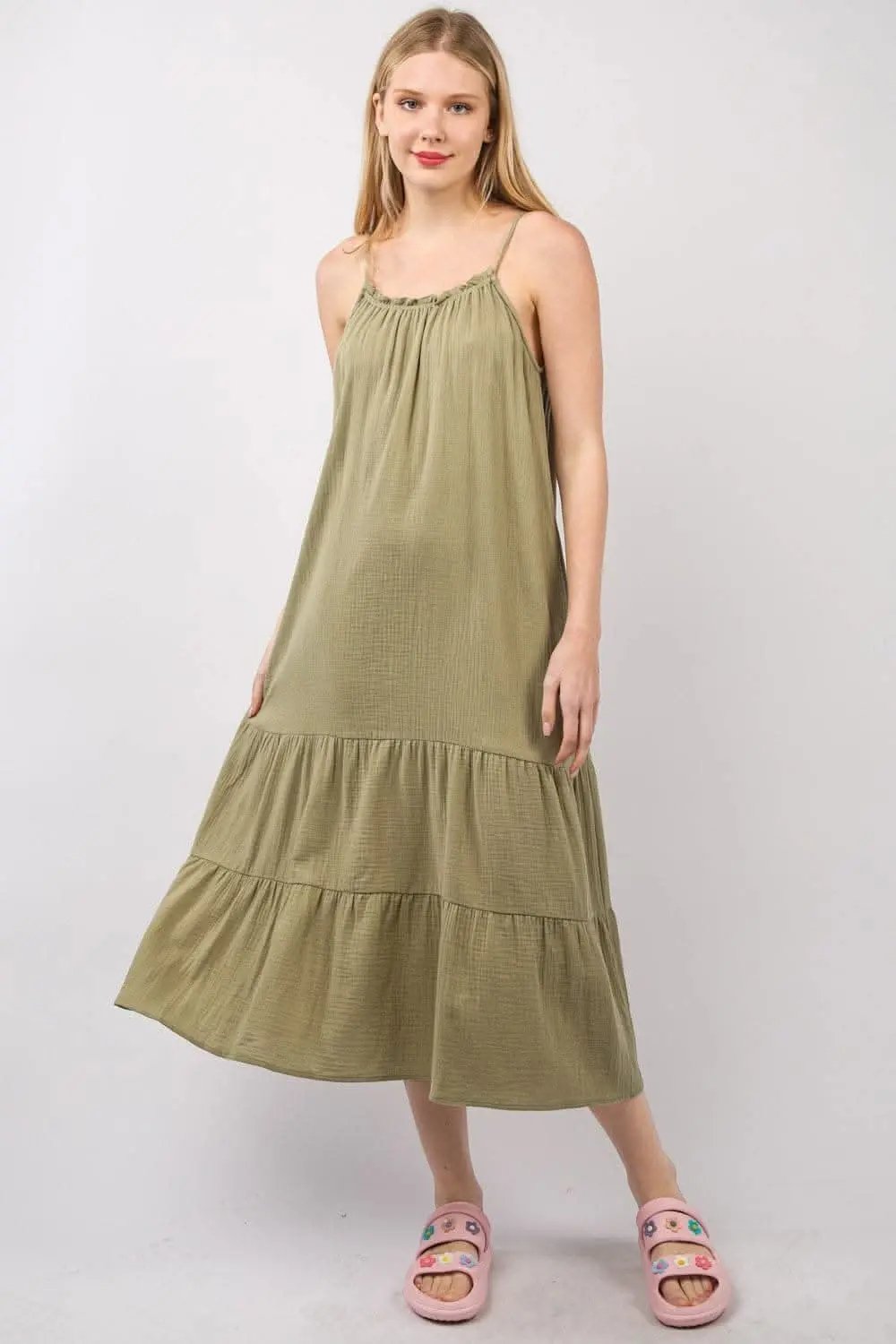 Midi Dress - Ruffled A-Line Cami with Pockets - Casual