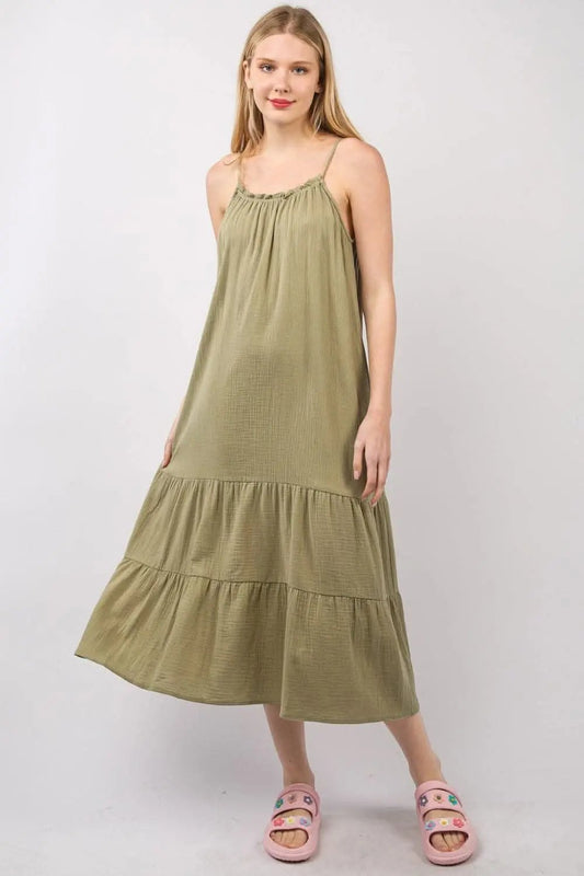 Midi Dress - Ruffled A-Line Cami with Pockets - Casual