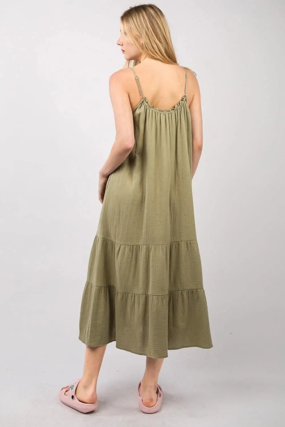 Midi Dress - Ruffled A-Line Cami with Pockets - Casual