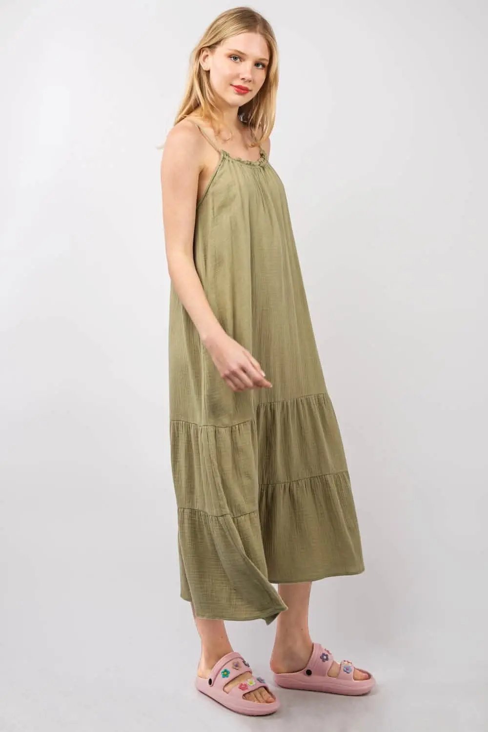 Midi Dress - Ruffled A-Line Cami with Pockets - Casual
