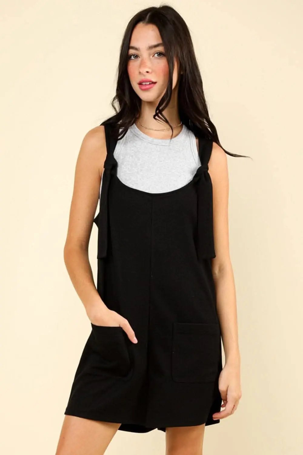 Trendsi VERY J Tie Shoulder Front Pocket Romper