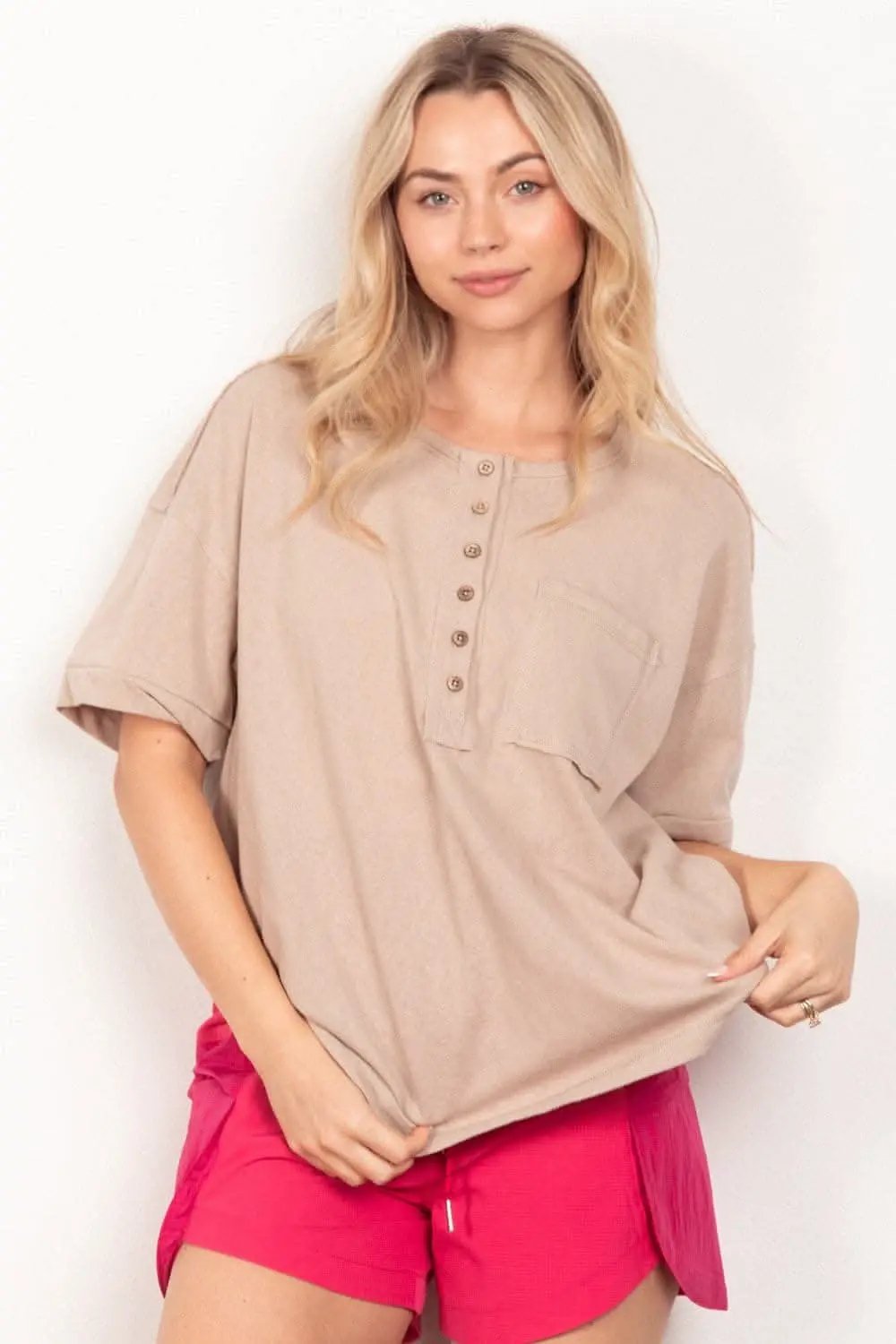 Trendsi Twisted Sleeve Top Women's Casual Tee Half Button Soft T-Shirt