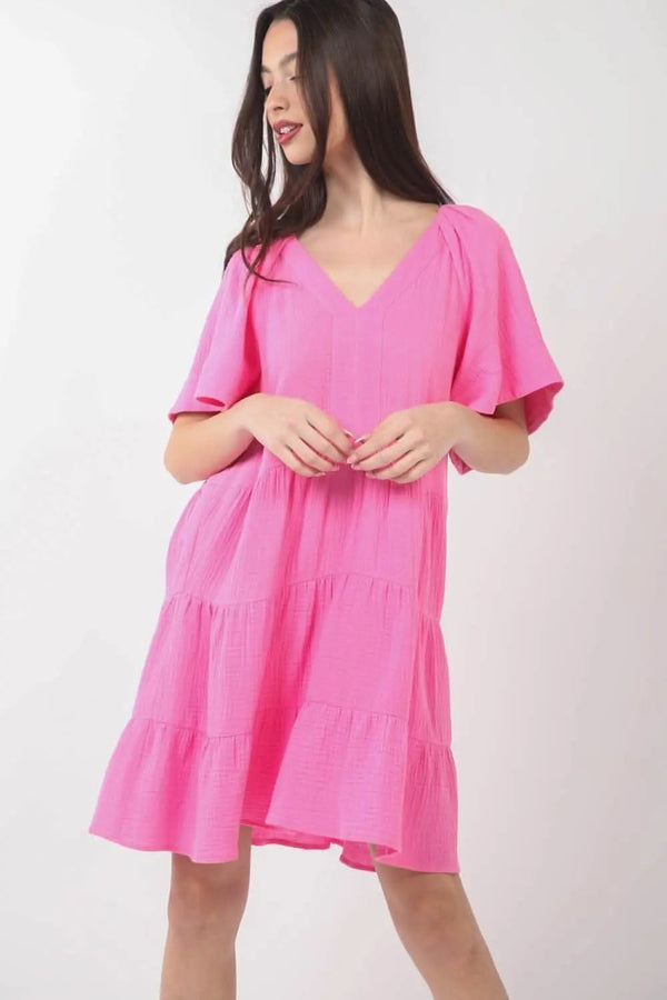 Trendsi Very J Texture V-Neck Ruffled Tiered Dress for Ele