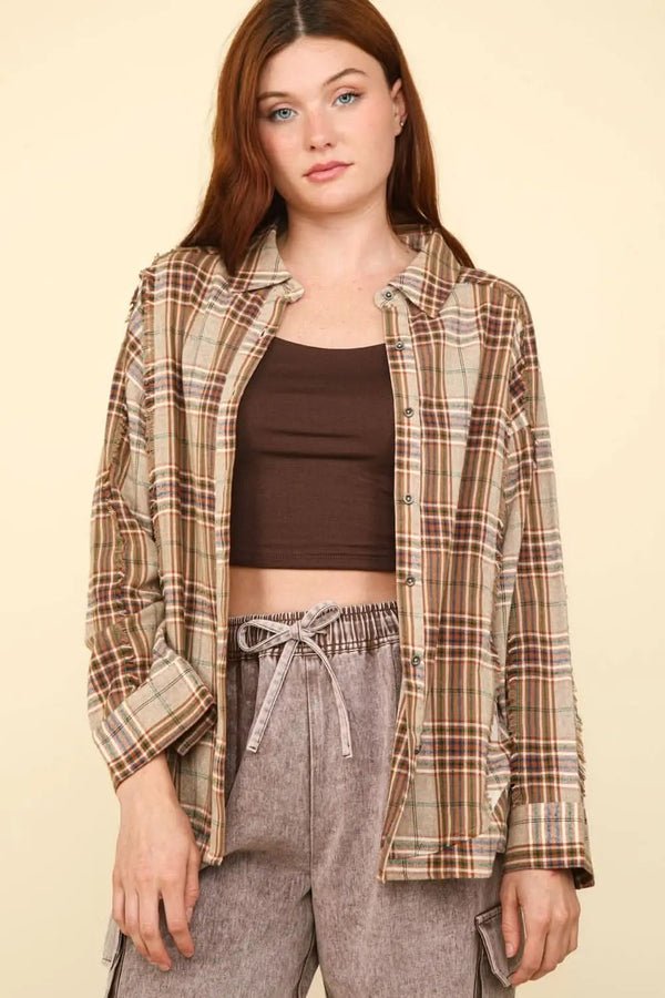 Trendsi Plaid Shirt Women's Casual Raw Edge Flannel Top USA Ship