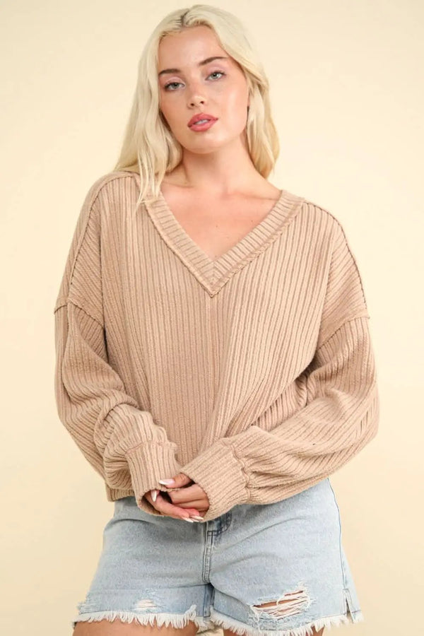 Trendsi Ribbed Knit Top Women's V-Neck Basic Tee Soft & Comfy