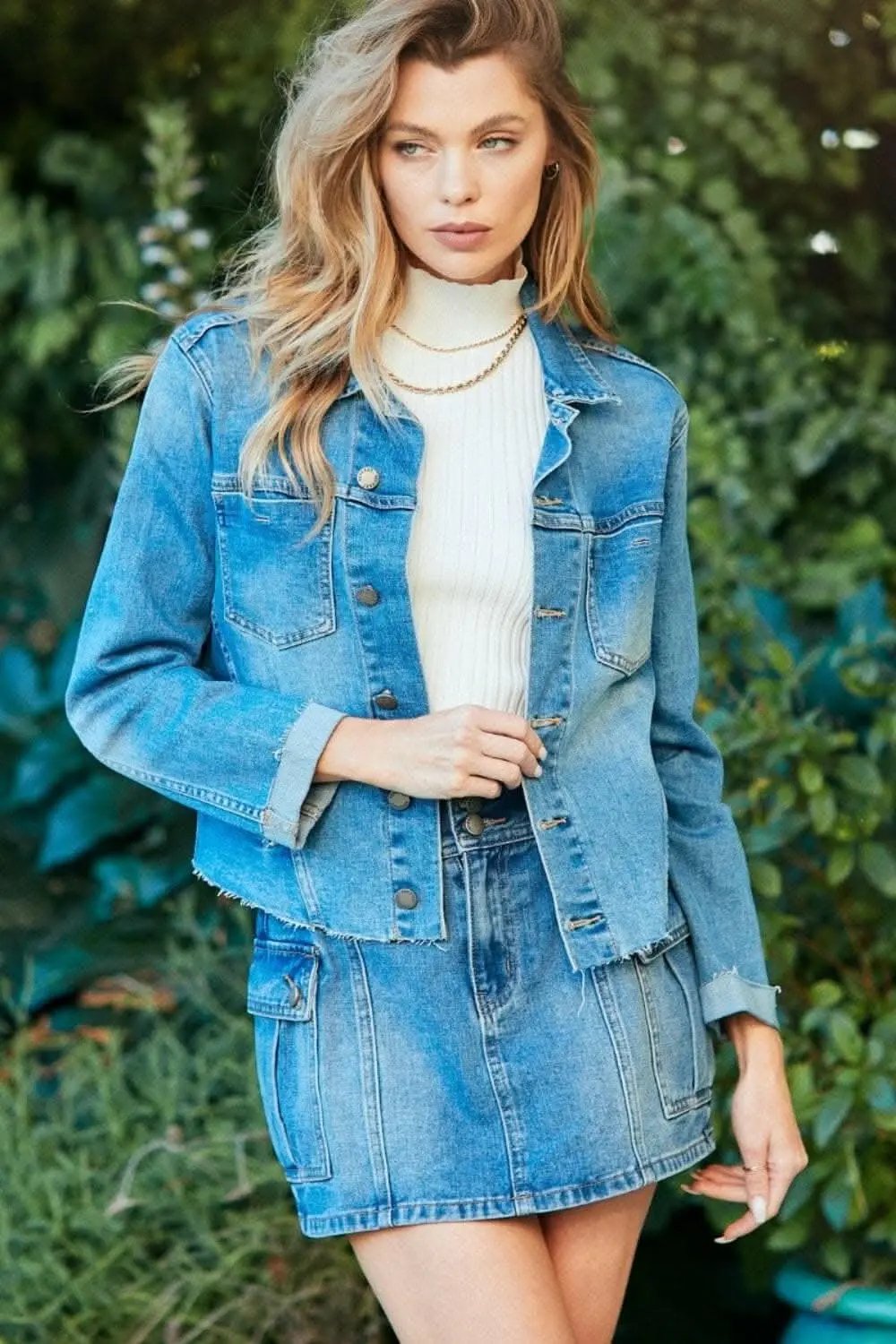 Trendsi Denim Jacket Women's Everyday Button Up Raw Hem Jean Jacket