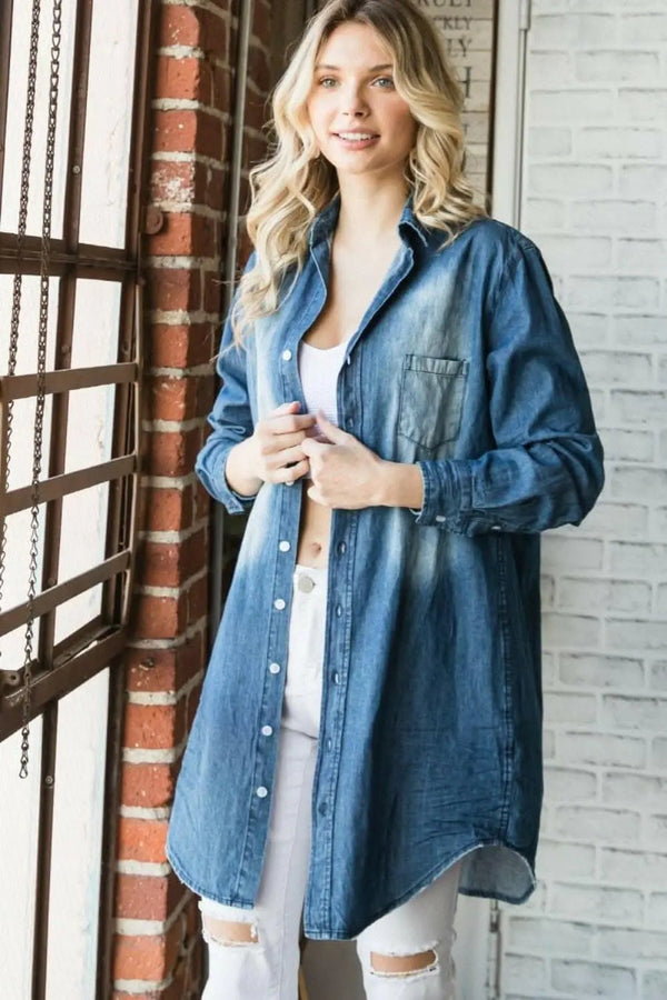 Trendsi Denim Button-Up Shirt Women's Casual Top Washed Finish, Versatile