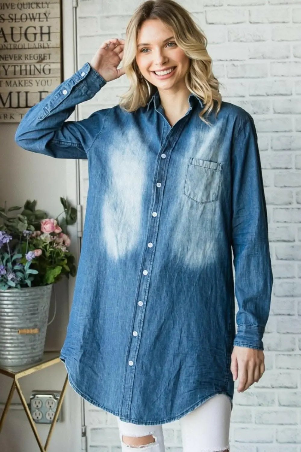 Trendsi Denim Button-Up Shirt Women's Casual Top Washed Finish, Versatile
