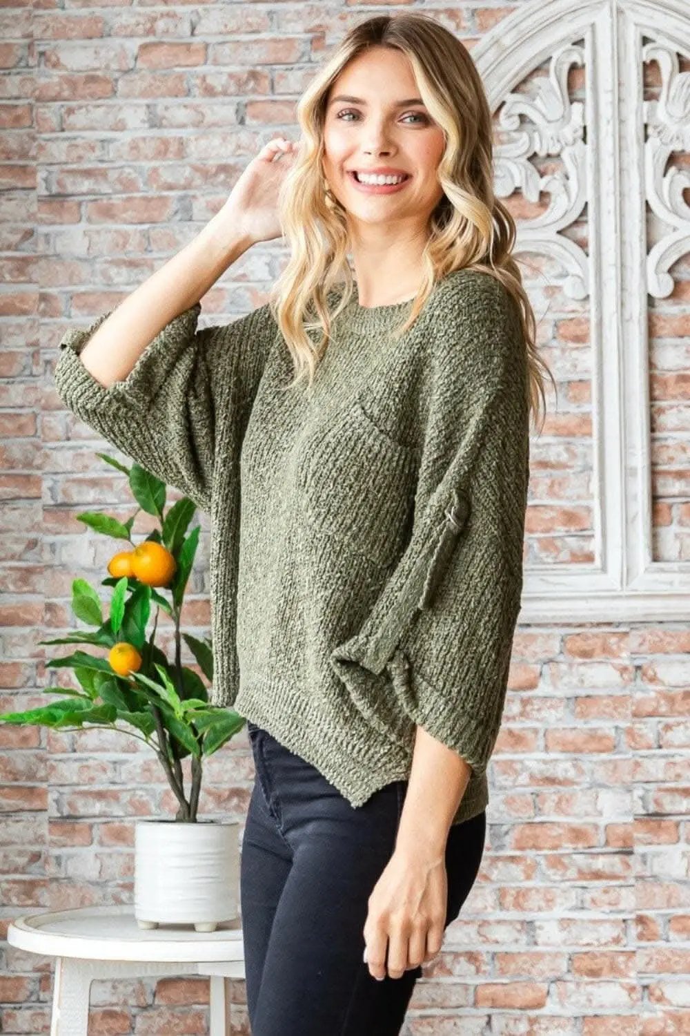 Trendsi Veveret Round Neck Roll-Up Sweater