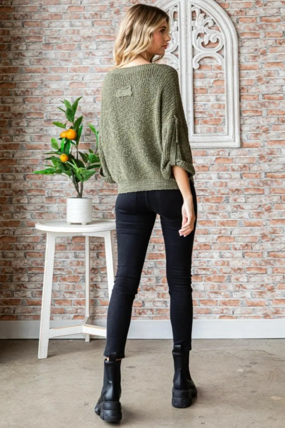 Trendsi Veveret Round Neck Roll-Up Sweater