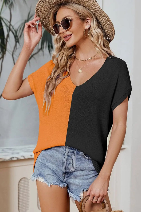 Trendsi Vibrant v-neck color block tee