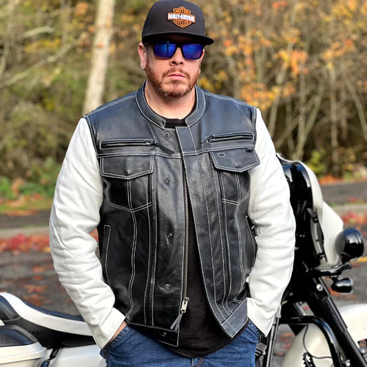 Vincent Men's Cafe Style Leather Jacket Black and White