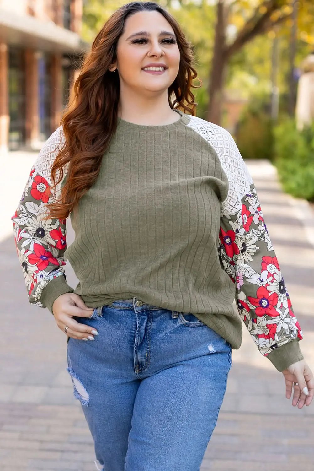 Love Salve Green Floral Blouse Women's Daily Elegant Top: Plus Size, Ribbed