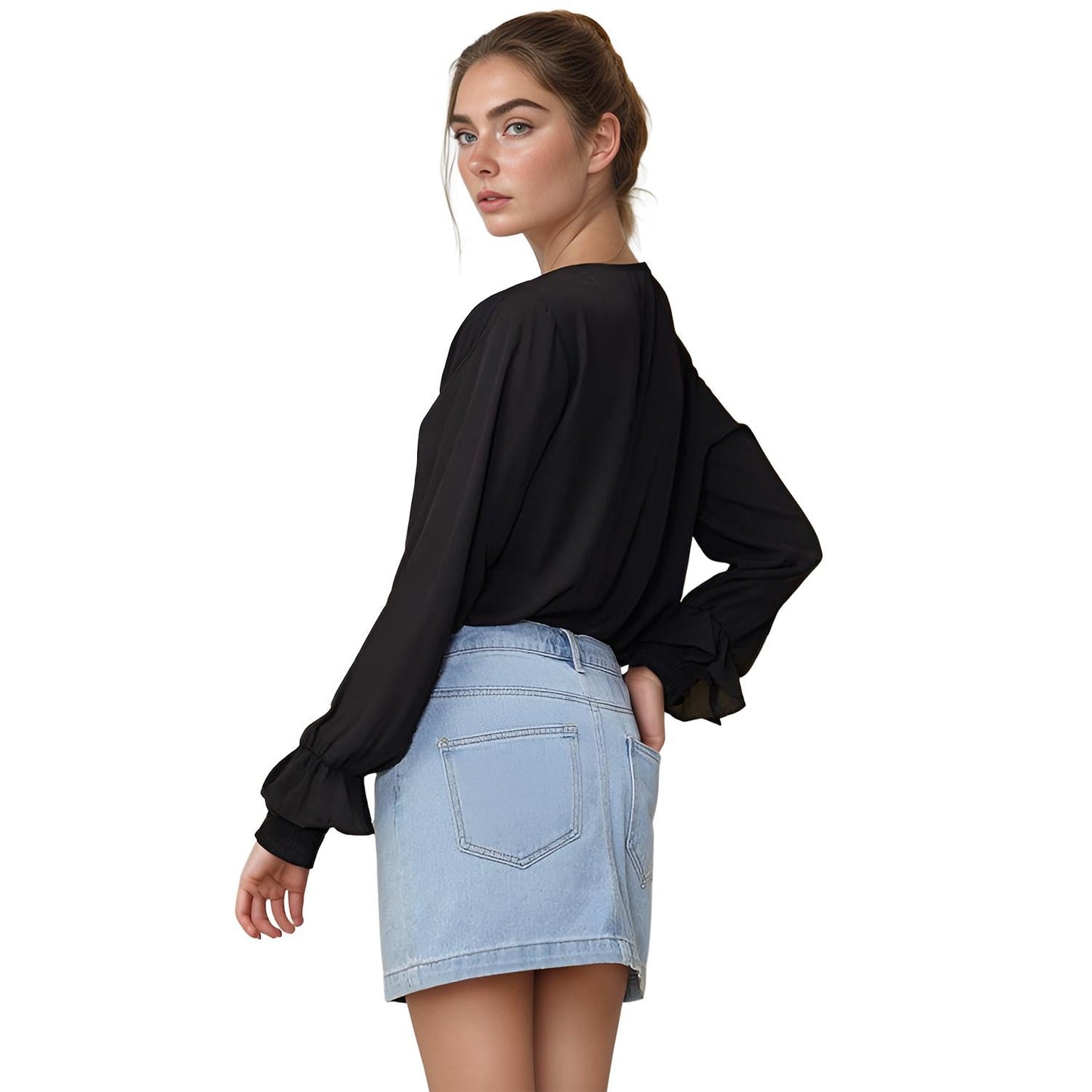 Pleione Women's Round Neck Smocked Ruffle Cuff Top