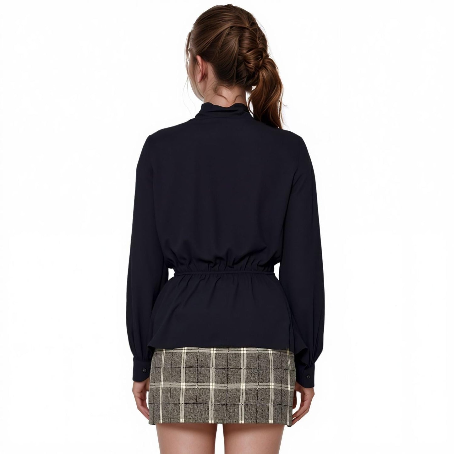 Pleione Tie Neck Button Down Peplum Blouse in Black
