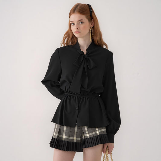 Pleione Tie Neck Button Down Peplum Blouse in Black