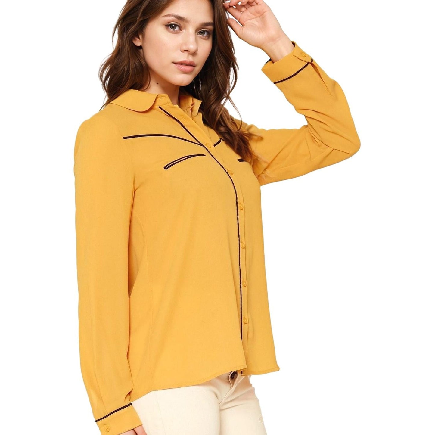 Pleione Women's Rounded Collar Button Down Shirt Blouse in Honey