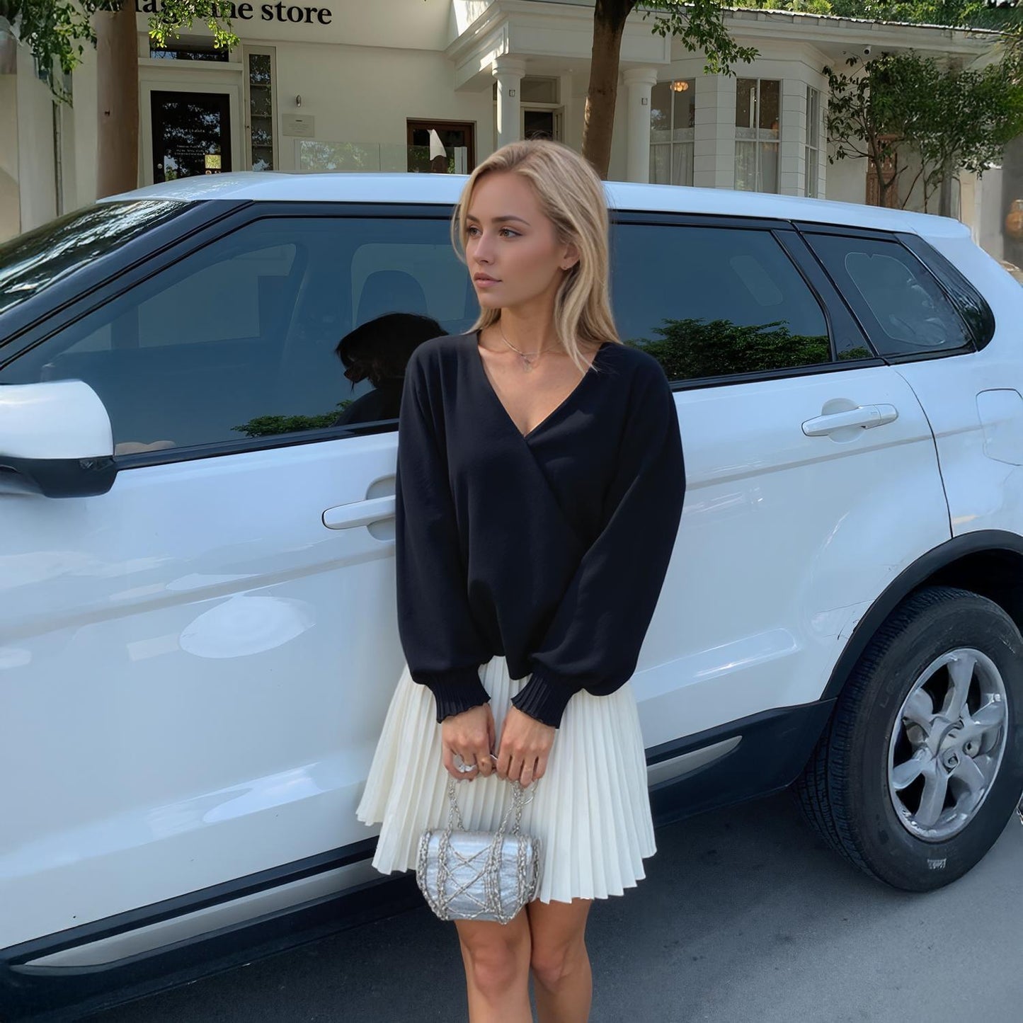 Pleione Solid V-Neck Smock Wrist Blouse in Black
