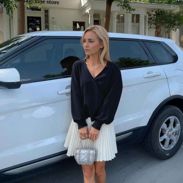 Pleione Solid V-Neck Smock Wrist Blouse in Black