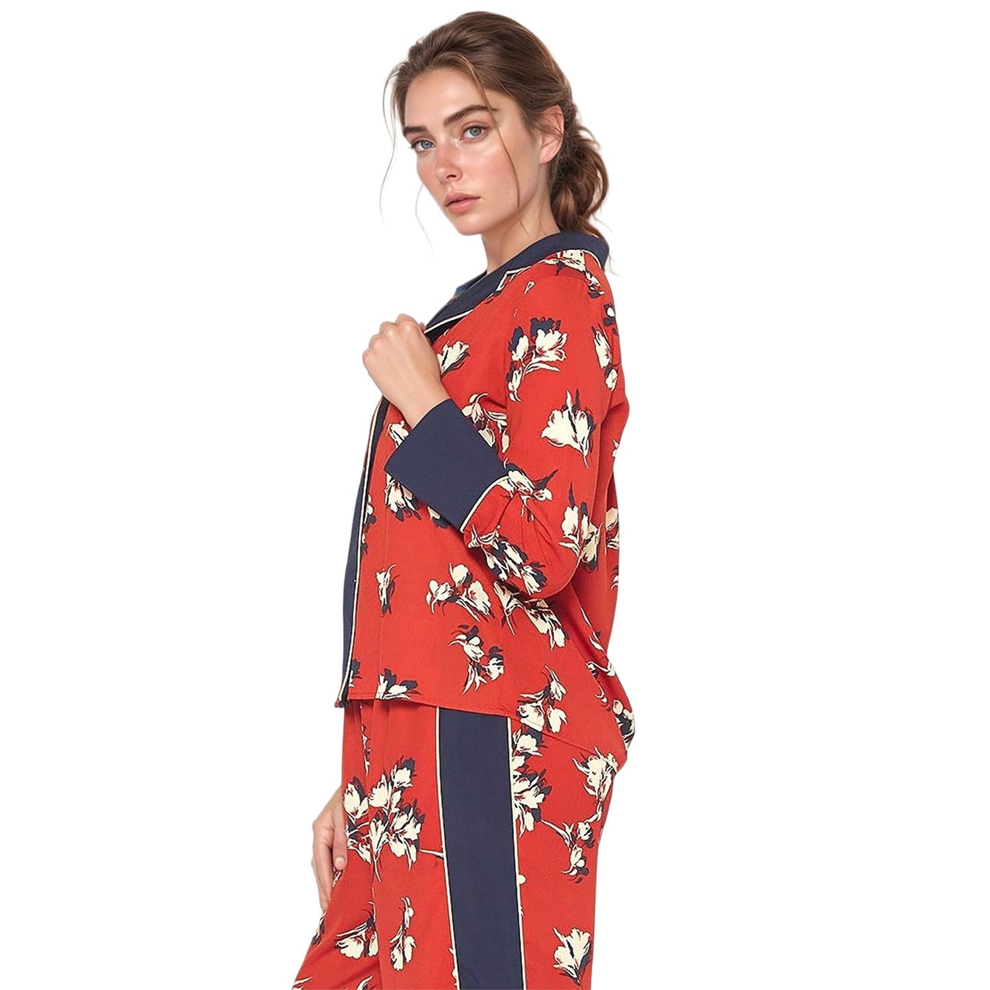 Pleione Floral Navy Contrast Pajama Blouse
