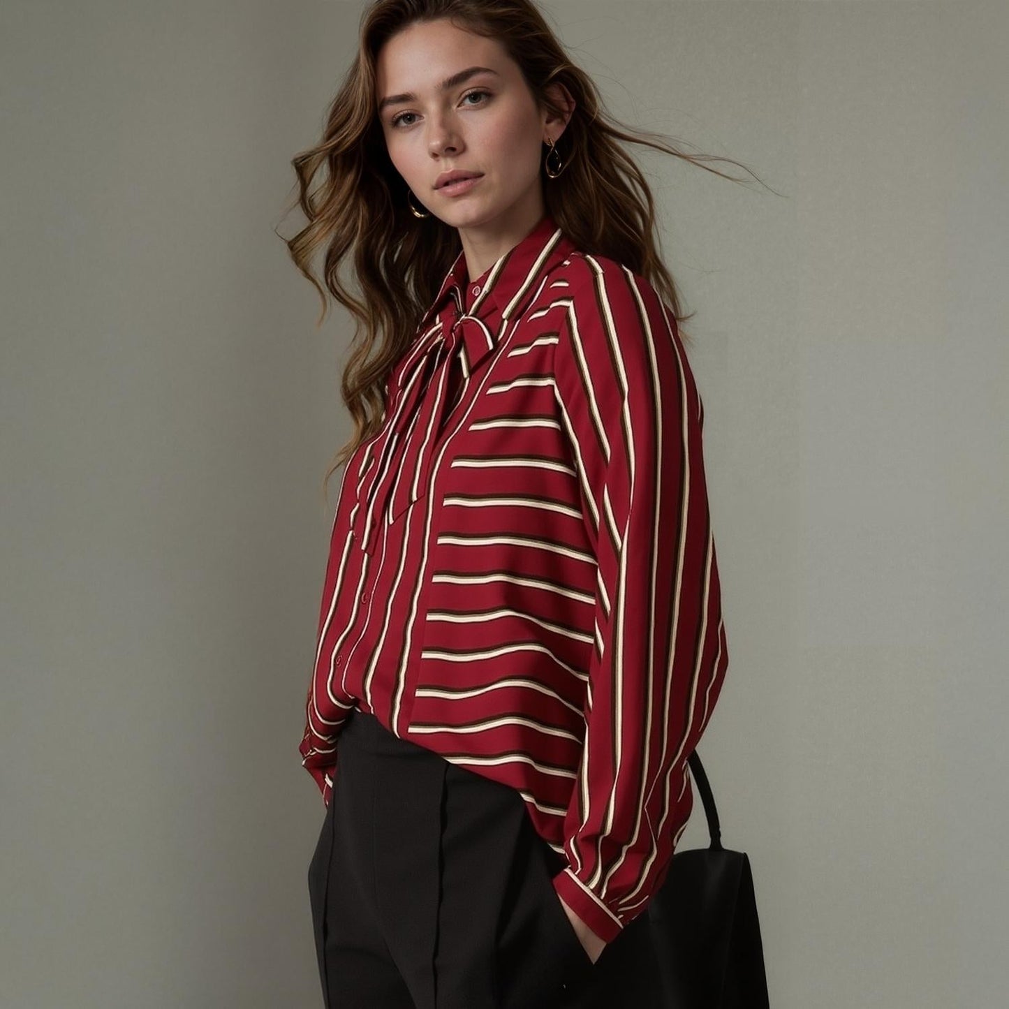 Pleione Womens Stripe Tie Neck Blouse in Dark Red