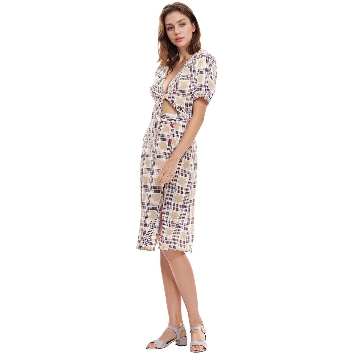 Women's Multi Check Button Down Slit Skirt
