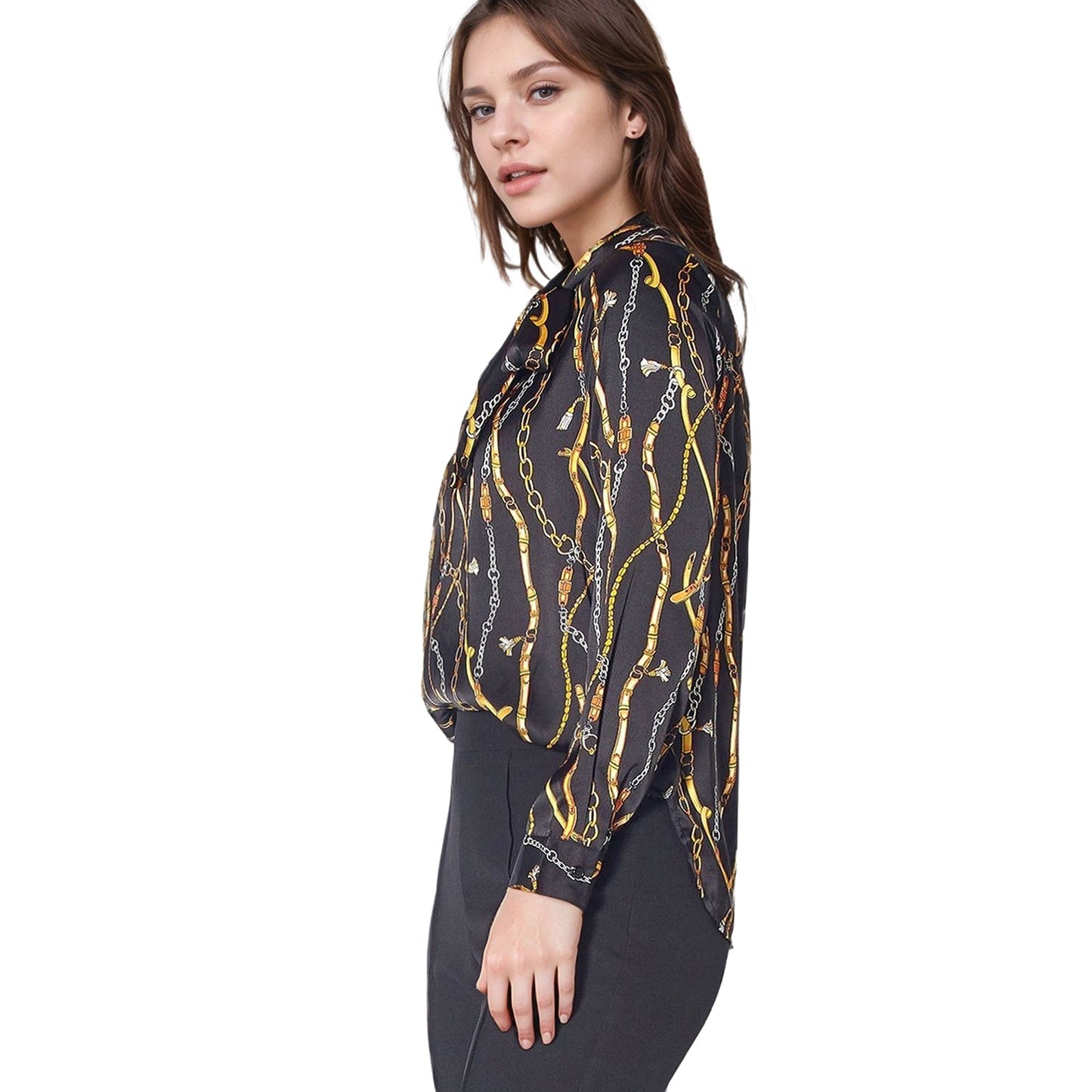Pleione Women's Chained Print Scarf Tie Blouse