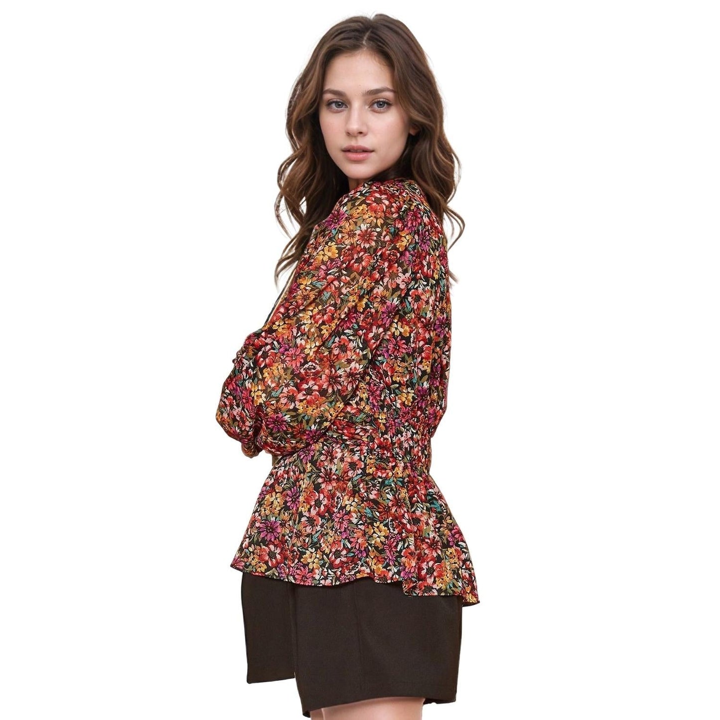 Pleione Women's V-Neck Puff Sleeve Top in Fuchsia