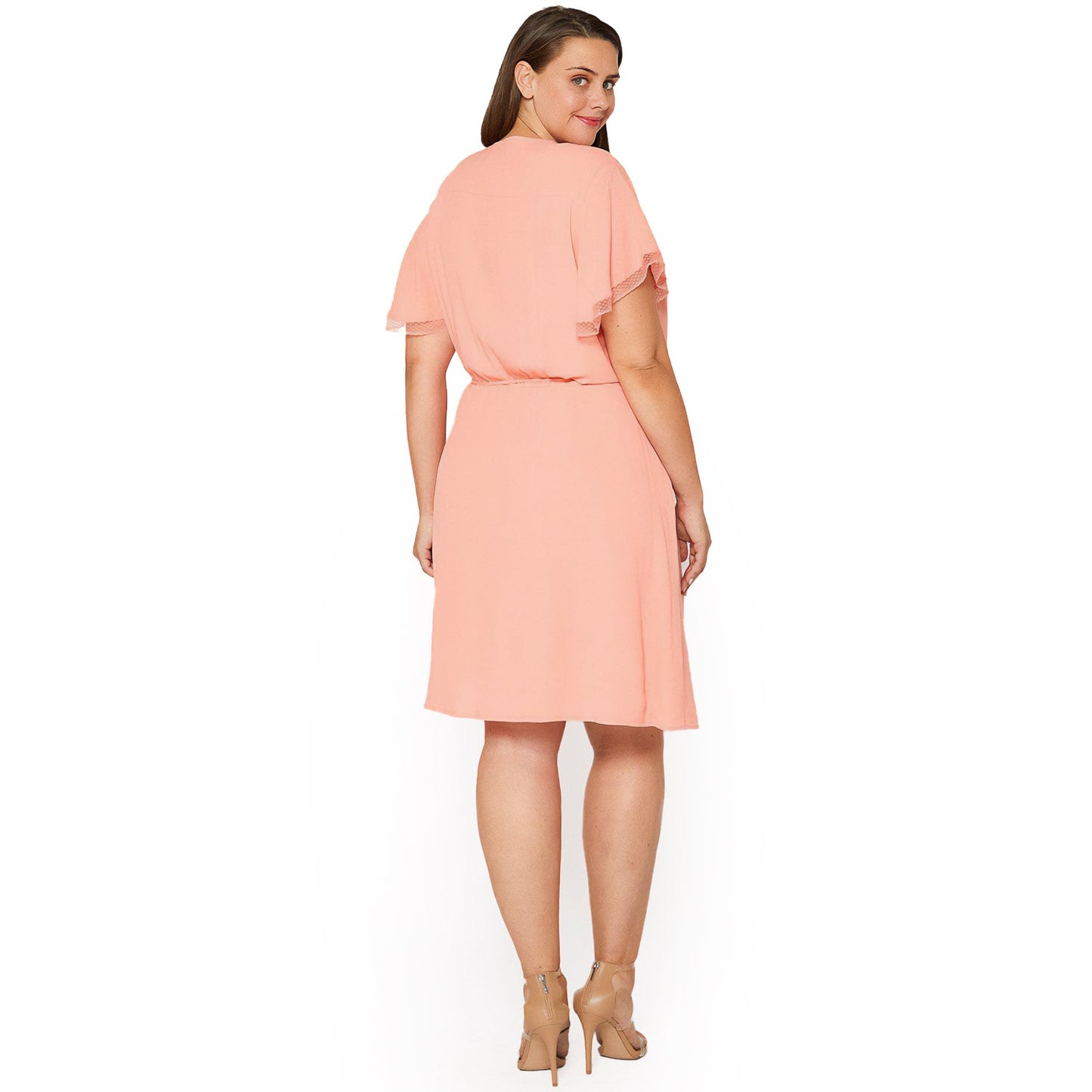 Women's Plus Size Lace Trim Wrap Dress in Coral