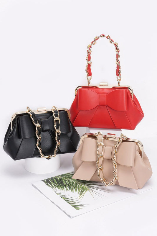 Faux Leather Ribbon Chain Handle Party Clutch