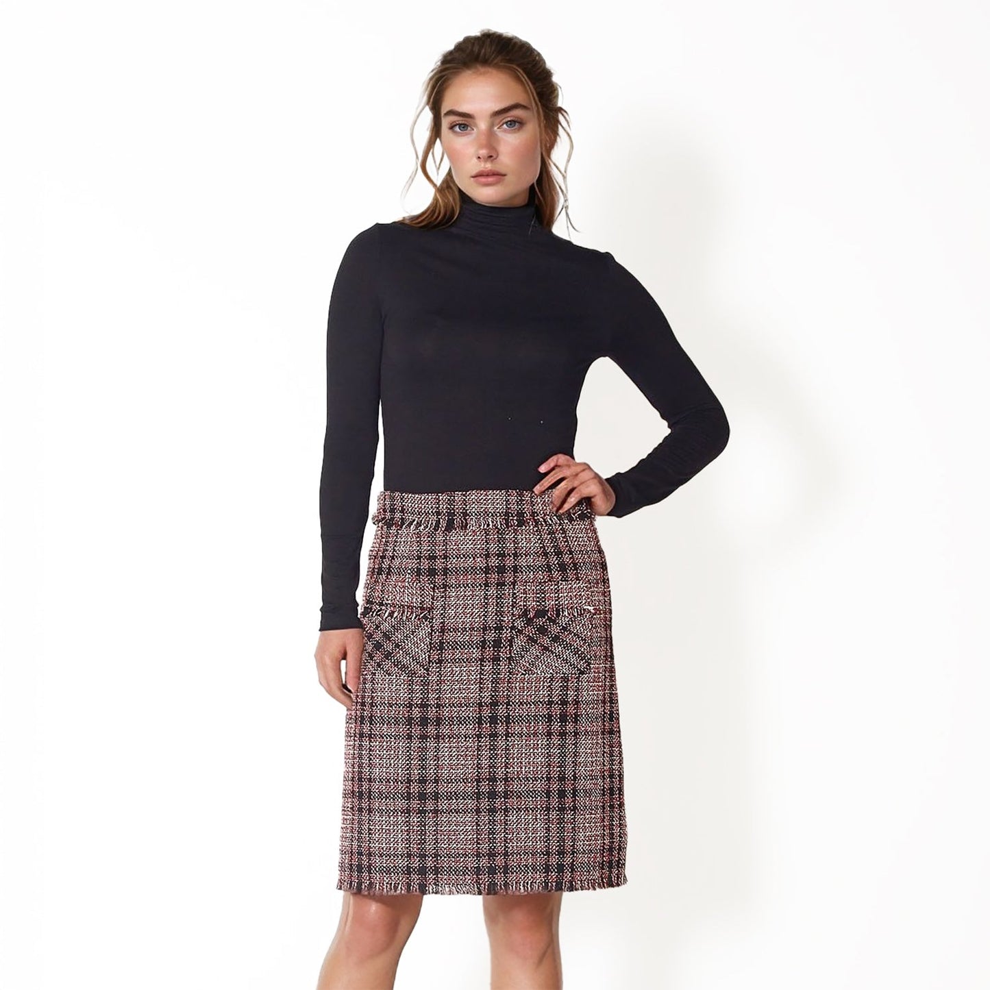 Pleione Women's Tweed High Rise Pencil Skirt in Red Black Tweed