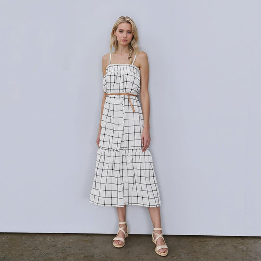 Pleione Women's Grid Print Smocked Maxi Dress In Ivory