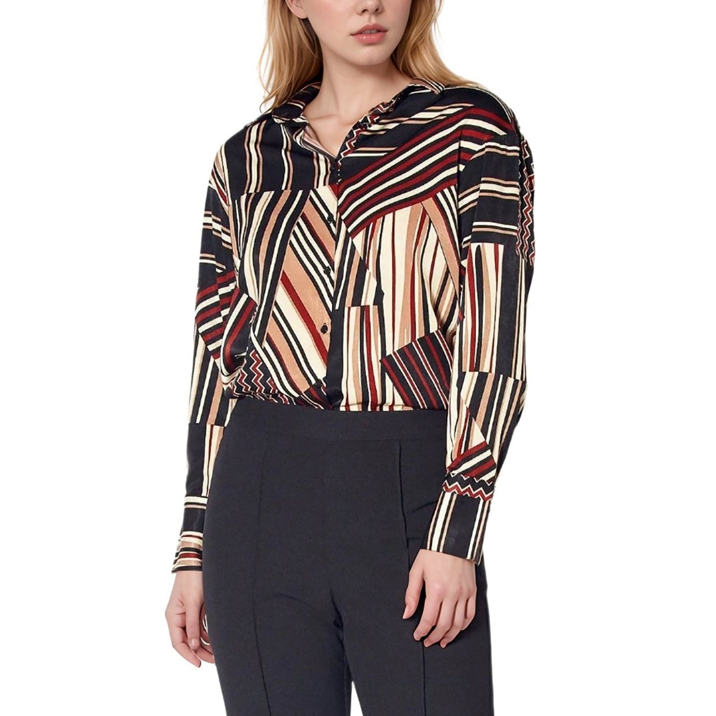 Pleione Women's Multi Stripe Button Up Blouse