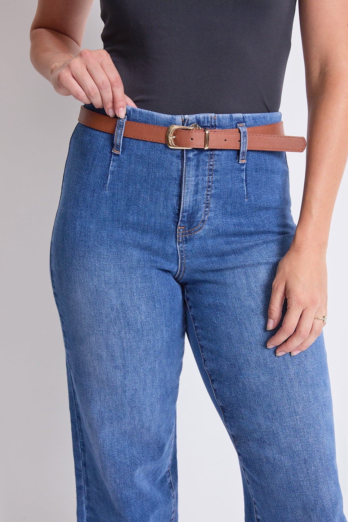 Women's High Rise Crop Belted Wide Leg Jeans