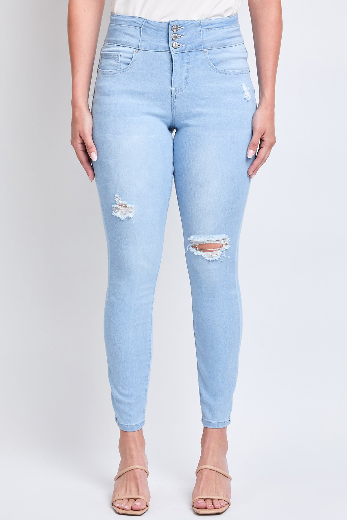 Women's High Rise 3 Button Stacked Waistband Skinny Sustainable Jeans