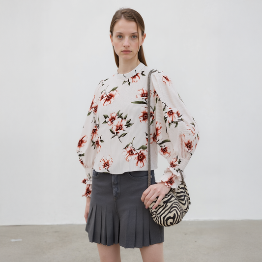 Women's Rust Flower Mock Neck Smocked Sleeve Blouse In Taupe
