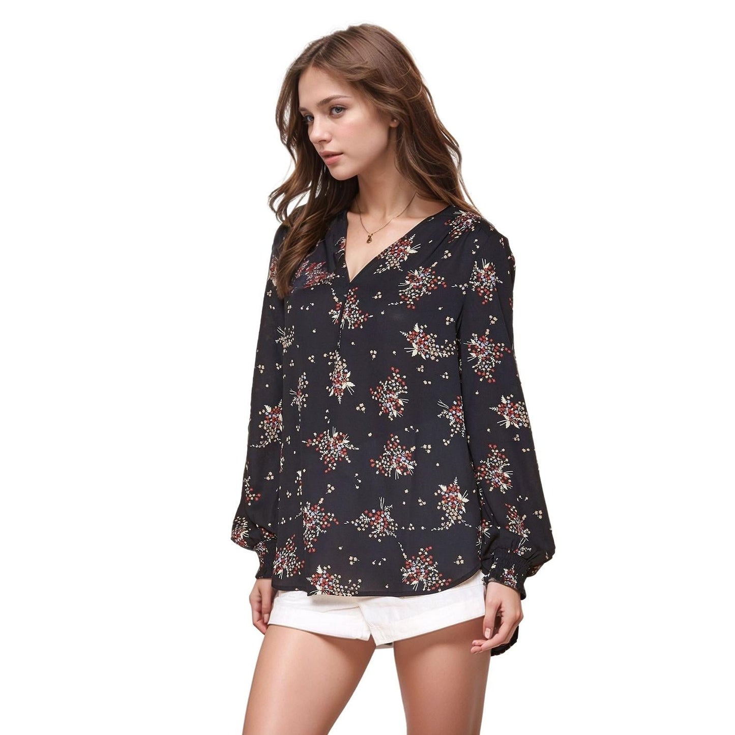 Pleione Printed V-Neck Smock Wrist Blouse in Navy Floral