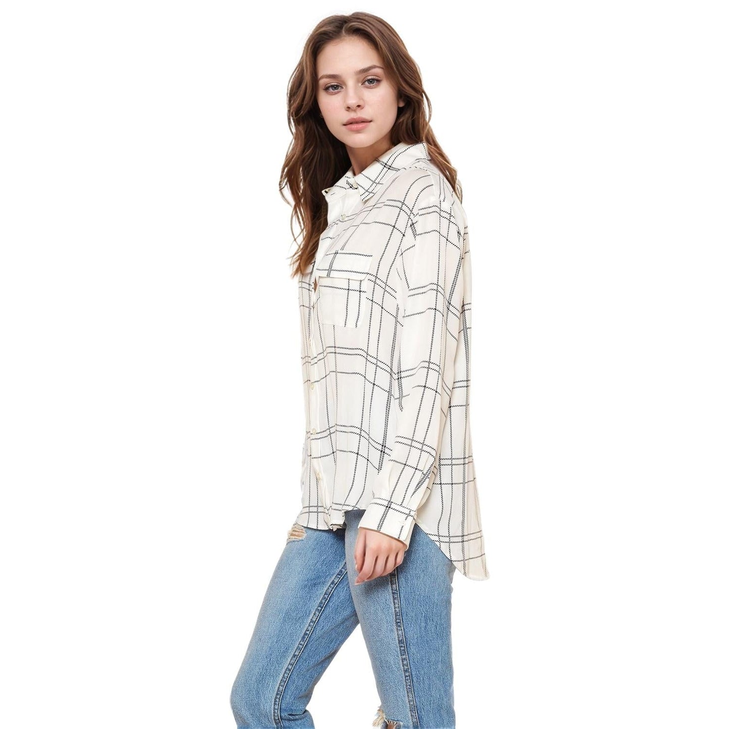 Pleione Printed Low Back Button Shirt in White