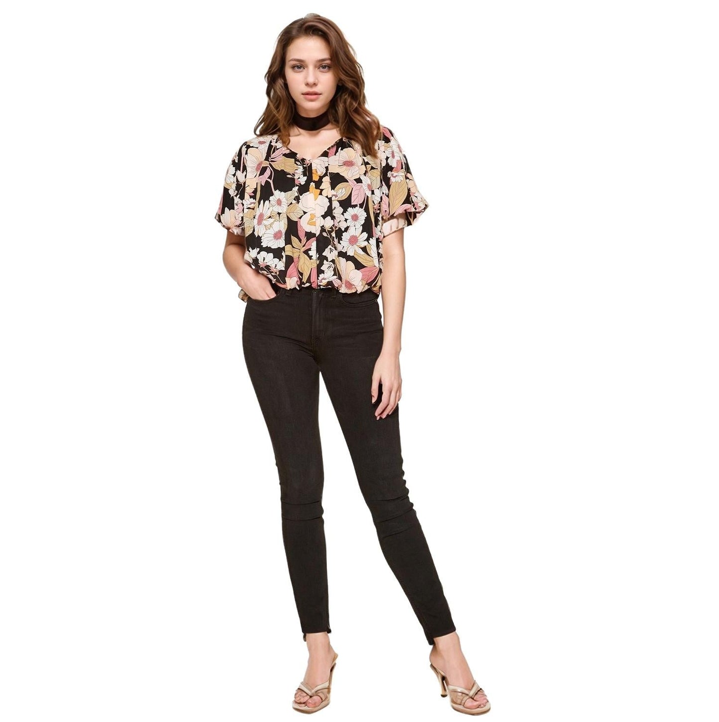 Pleione V-Neck Short Sleeve Bubble Hem Top in Multi