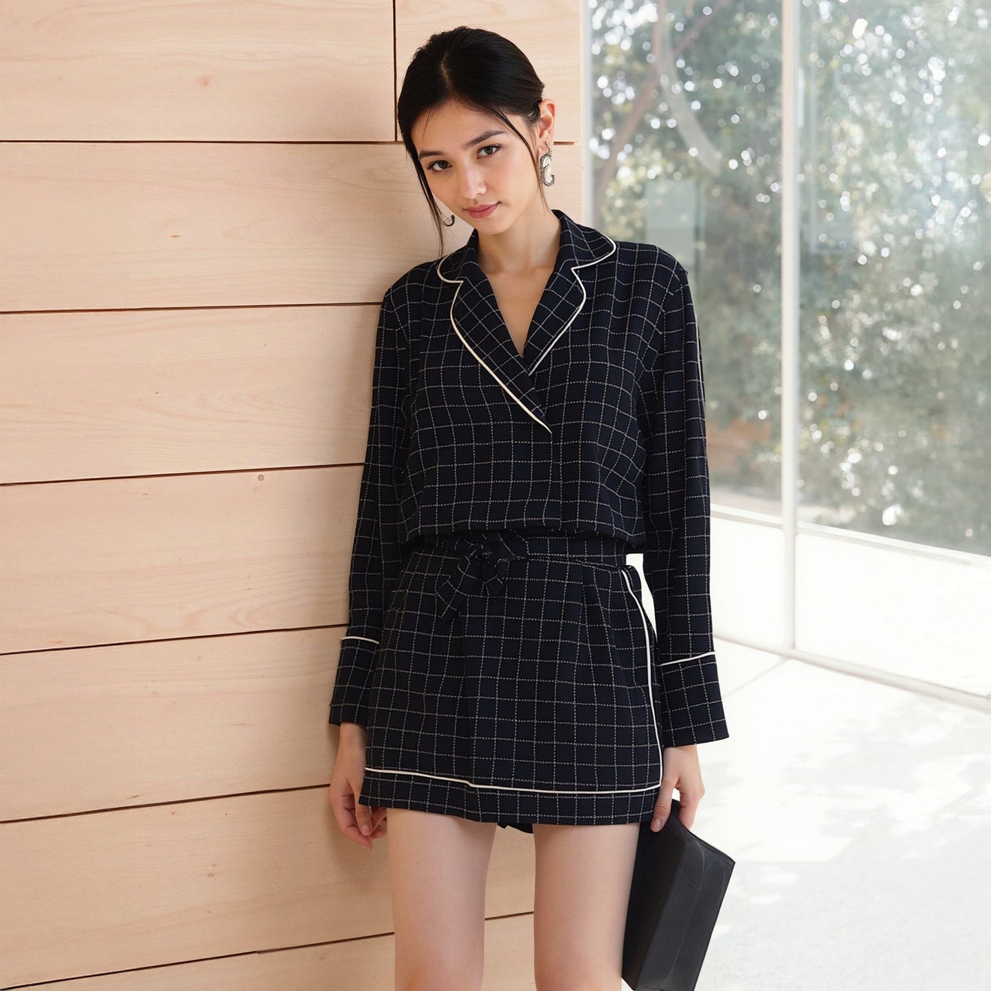 Women's Grid Print High Shorts in Navy Plaid