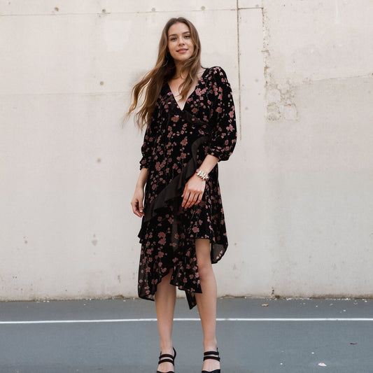 Women's Velvet Asymmetric Wrap Dress in Falling Floral