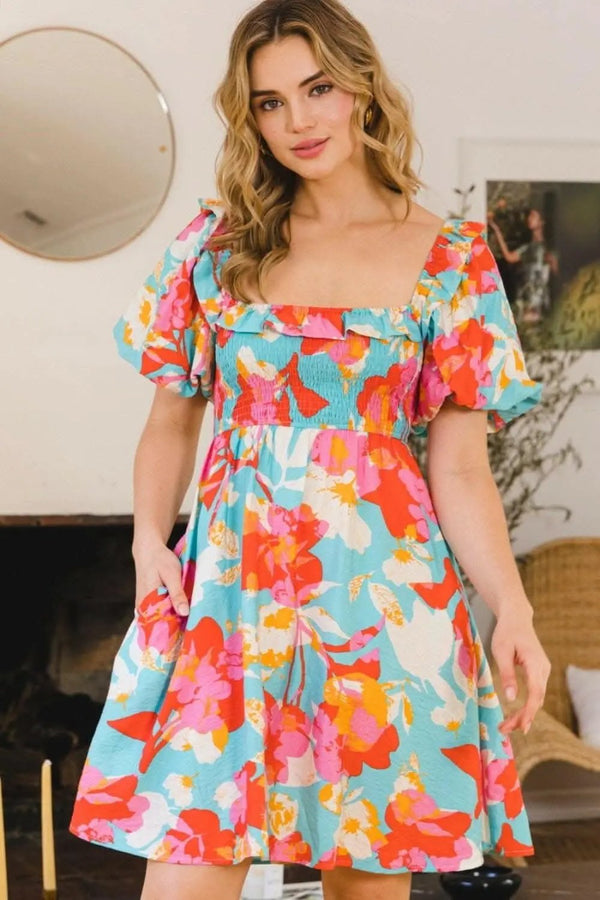 Trendsi Printed Mini Dress Women's Whimsical Puff Sleeve Dress - Charm & Cute