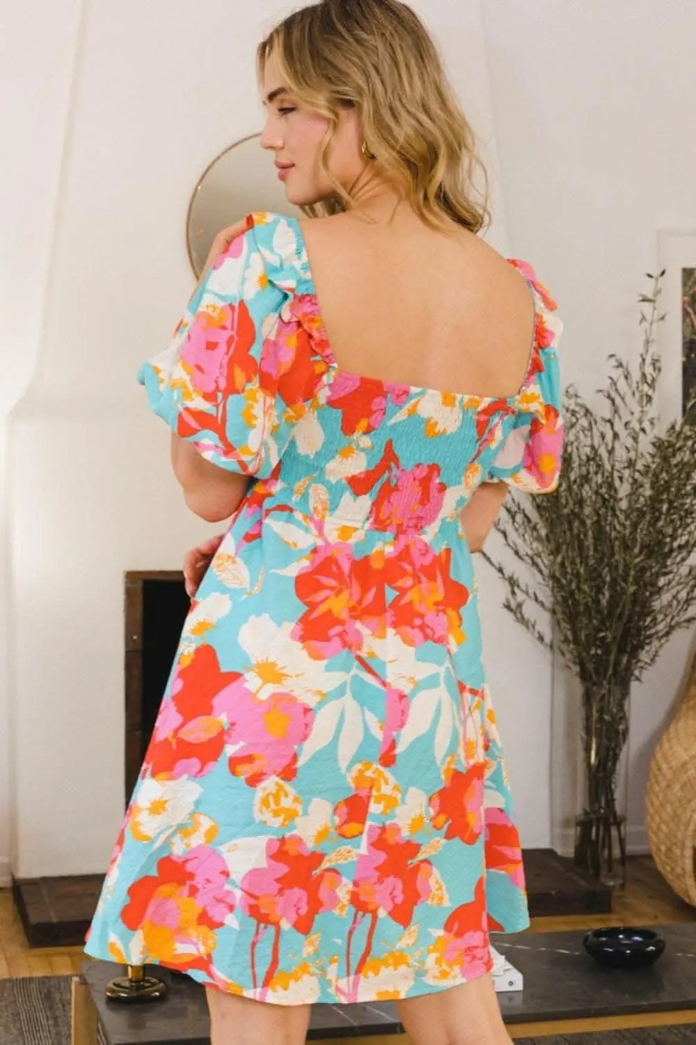 Trendsi Printed Mini Dress Women's Whimsical Puff Sleeve Dress - Charm & Cute