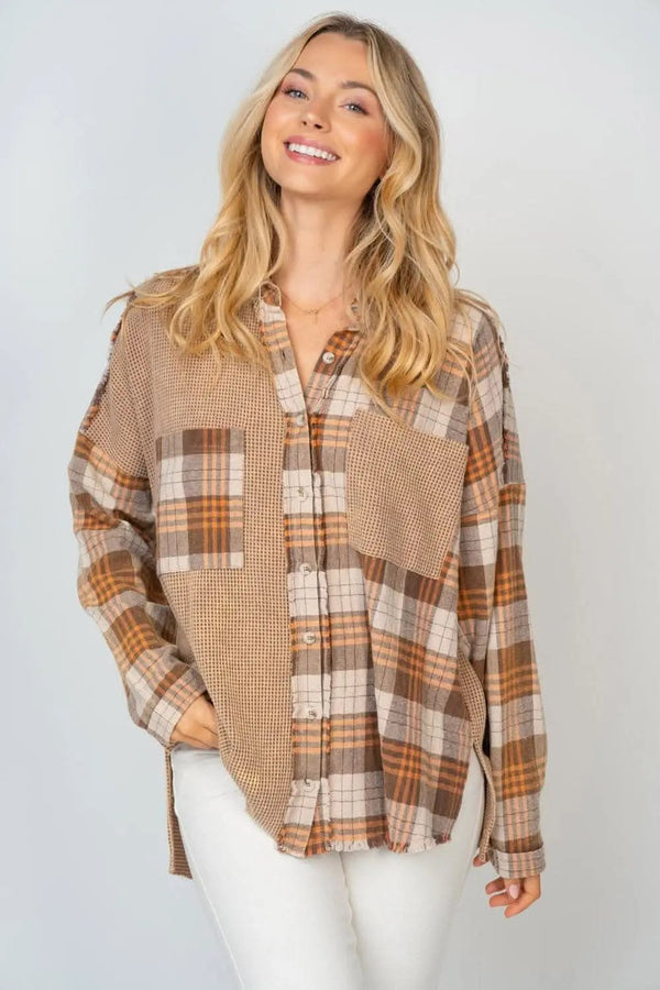 Trendsi White Birch Plaid Shirt Women's Casual Button Down Top USA Shipped